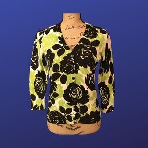 ICE Cardigan, 100% Cotton, LIME GREEN/BLACK/WHITE Floral, Women’s Size S, NWOT
